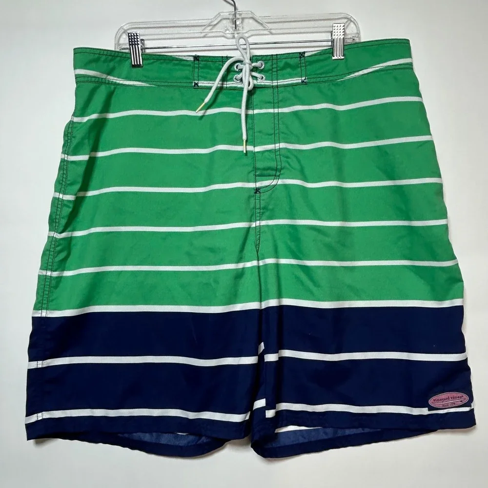 Vineyard Vines‎ Board Shorts Mens 38 Green Navy Striped Swim Trunks Preppy Beach